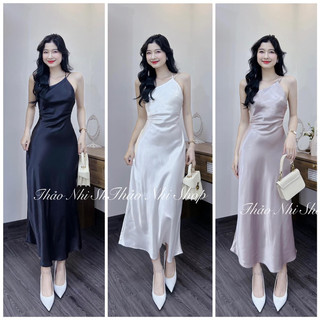 (có mút) Đầm lụa dài yếm dây chéo lưng thiết kế A02