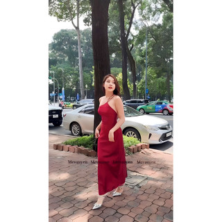 (có mút) Đầm lụa dài yếm dây chéo lưng thiết kế A02