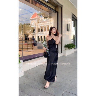 (có mút) Đầm lụa dài yếm dây chéo lưng thiết kế A02