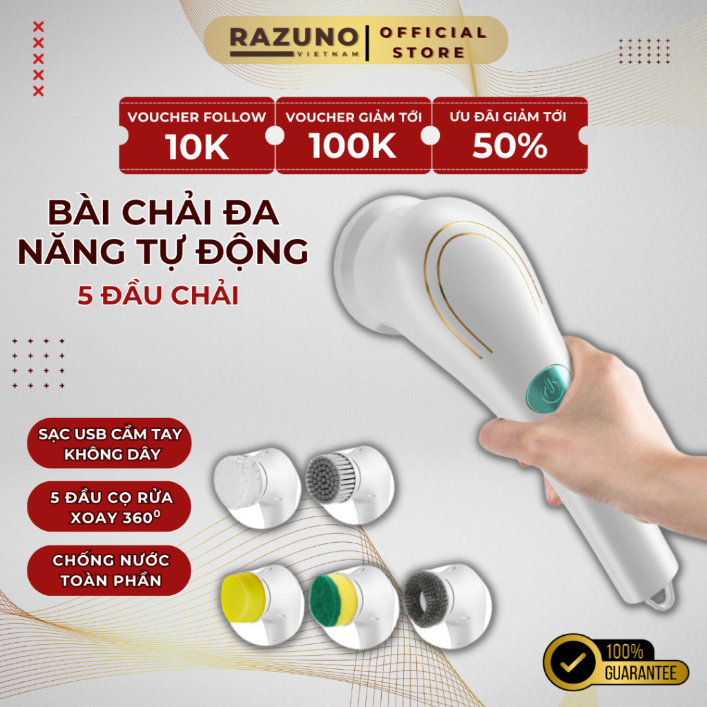 Máy Cọ Rửa Điện Cầm Tay Đa Năng RAZUNO Kèm 5 Đầu Chổi, Chống Nước IPX7, Tốc Độ 18000rpm