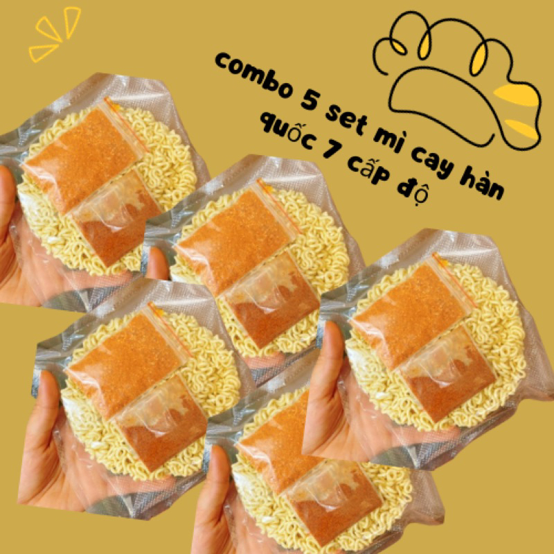 set 5 gói mì cay hàn quốc tự nấu tại nha gồm 5 gói mì koreno, 5 gói gia vị khô chuẩn vị và 5 gói ớt 