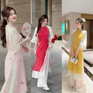 Set áo dài bồ công anh tay trắng