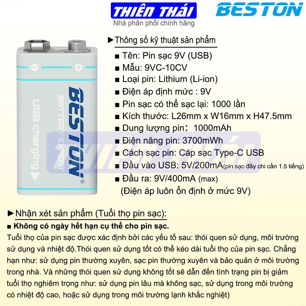 Pin sạc 9V BESTON,pin sạc USB 9V,9VC-10CV,pin sạc Li-ion 9V,pin 9V Lithium,3700mWh,Pin chính hãng BESTON
