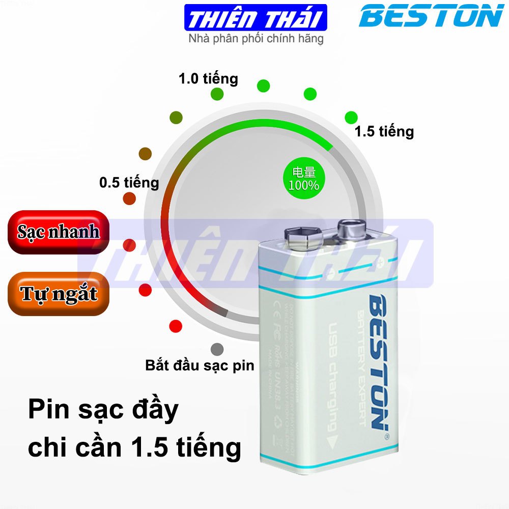 Pin sạc 9V BESTON,pin sạc USB 9V,9VC-10CV,pin sạc Li-ion 9V,pin 9V Lithium,3700mWh,Pin chính hãng BESTON
