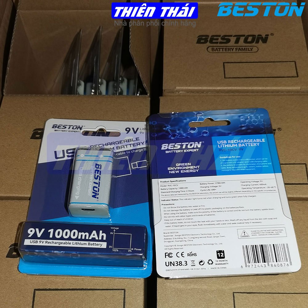 Pin sạc 9V BESTON,pin sạc USB 9V,9VC-10CV,pin sạc Li-ion 9V,pin 9V Lithium,3700mWh,Pin chính hãng BESTON
