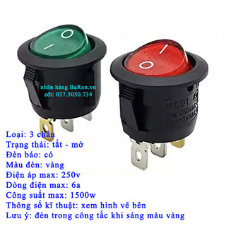 Công tắc 3 chân tròn có đèn báo - công tắc on/off
