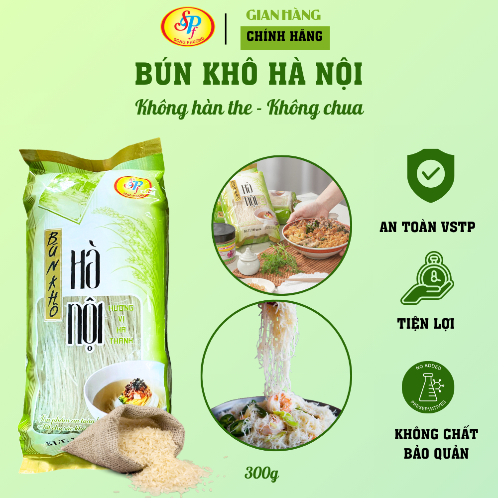 Bún Khô Hà Nội Chính Hãng Song Phương Foods, Không Phụ Gia, Không Chất Bảo Quản, Gói 300gr