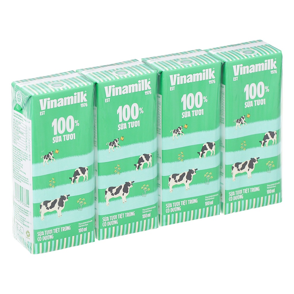 lốc sữa tươi tiệt trùng có đường Vinamilk 100% Sữa tươi 180ml