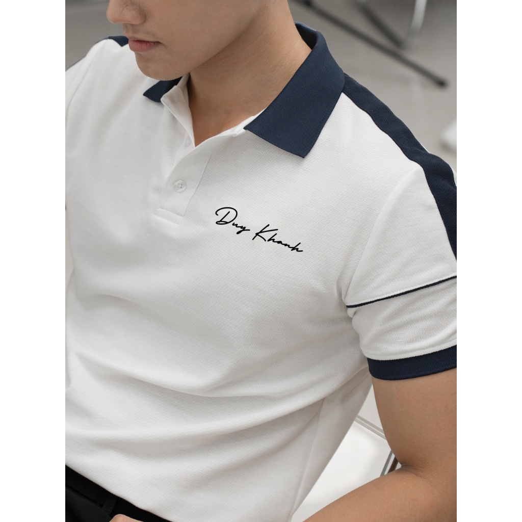 Áo Polo Nam Nữ Deme Trắng Kẻ Tay Xanh