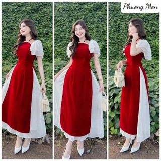 Set áo dài Tết kiểu cổ yếm phối tay voan trắng kèm chân váy xếp li M564 x Phuong Mon