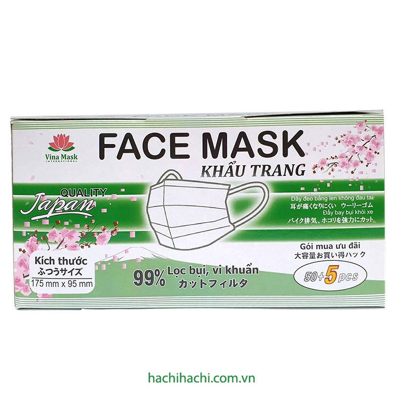 Khẩu trang 3 lớp Vina Mask cắt giảm 99% bụi, vi khuẩn 55 cái  - Hachi Hachi Japan Shop