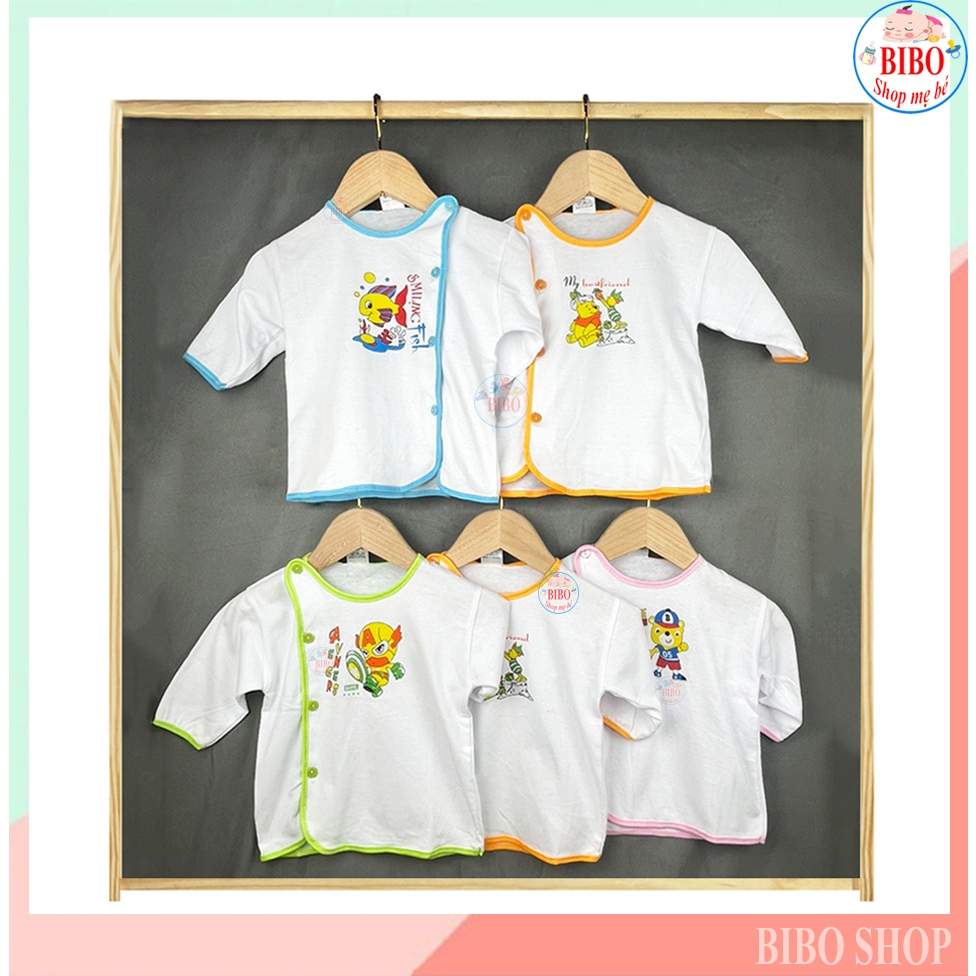 Combo 5 Áo sơ sinh dài tay màu trắng, cúc lệch, viền màu cho bé từ sơ sinh đến 12kg_bsthuong