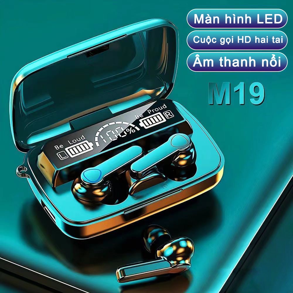 Tai nghe Bluetooth không dây đích thực M19 TWS, chống nước, có micro giảm tiếng ồn, gương, màn hình Led
