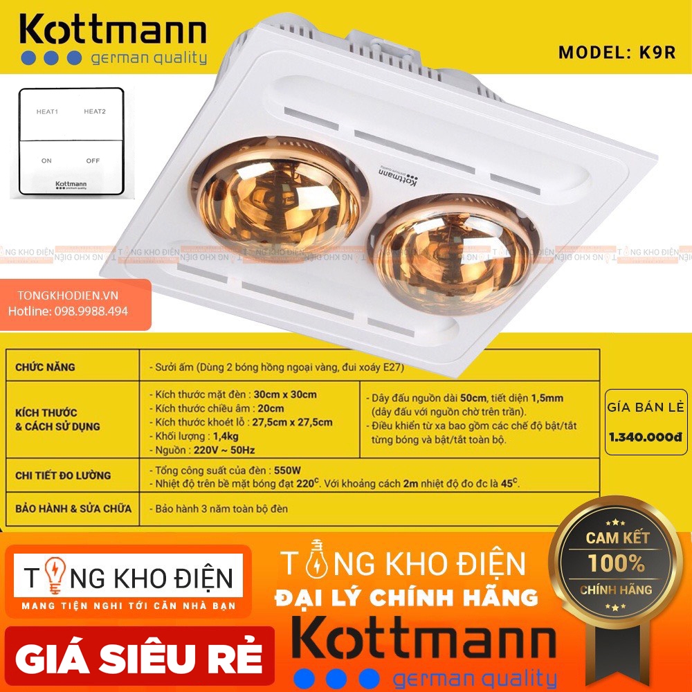 [BẢO HÀNH 3 NĂM 1 ĐỔI 1] Đèn sưởi nhà tắm Kottmann 2 Bóng Âm Trần Hồng Ngoại K9R/K9S [CHÍNH HÃNG]