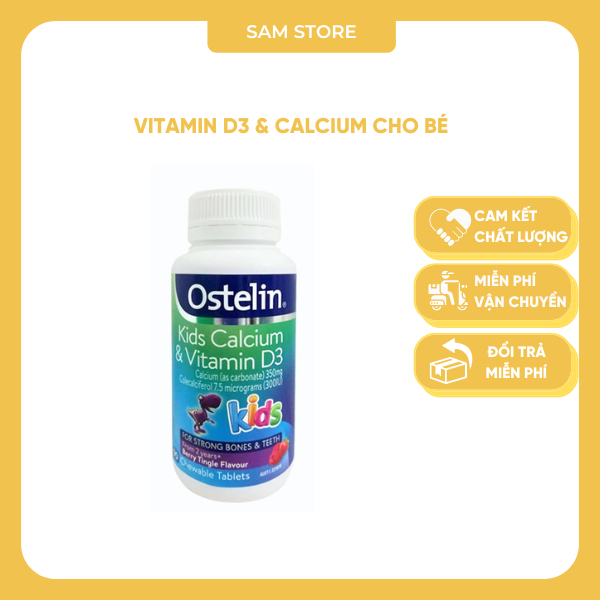 Canxi và Vitamin D3 cho bé, Canxi Khủng long Calcium &amp; D3 Ostelin Kids 90 viên nhai cho bé từ 2 tuổi - Sam Store