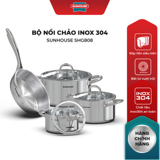 Bộ nồi chảo Inox 304 Sunhouse SHG808  - 3 nồi và 1 chảo - Dùng cho mọi loại bếp - Đa lớp - Dùng được cho máy rửa bát