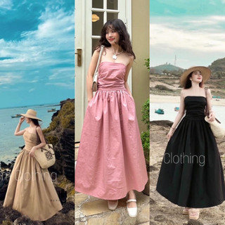 Đầm maxi quây cúp ngực sau lưng thun(kèm dây vai trong, 2 túi)