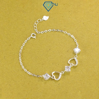 Lắc tay bạc TNJ hình trái tim viền nạm đá, vòng tay bạc nữ đính đá vuông sang trọng LTN0402 - Trang Sức TNJ