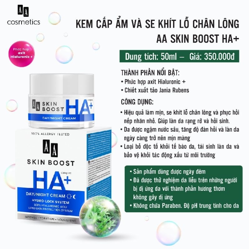 Kem Dưỡng Ẩm HA+ AA Cosmetics Skin Boost HA+ Giúp Cấp Ẩm,Se Khít lcl,Mịn Da.hũ 50g