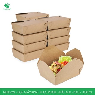 MFHG2N - 50 hộp giấy kraft thực phẩm 1000ml, hộp giấy nắp gập màu nâu đựng thức ăn, hộp giấy nắp gài gói đồ ăn mang đi