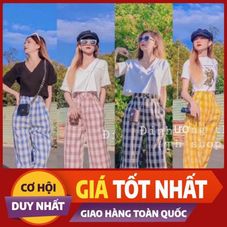 Quần kẻ Caro ống rộng khoá thật