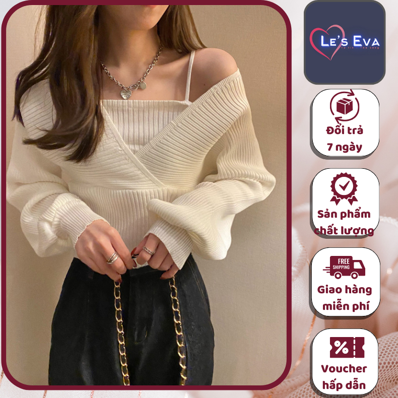 Áo len nữ croptop Áo thun len tăm cổ V co giãn ôm body cánh dơi trễ vai phong cách Hàn Quốc AL09 - LEEVA OFFICIAL