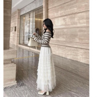 Chân váy maxi lưới tầng bèo