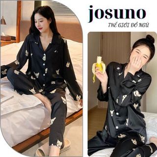 Bộ đồ nữ bộ pijama mặc nhà lụa satin màu xanh than hoạ tiết cún sang chảnh JOSUNO TC224