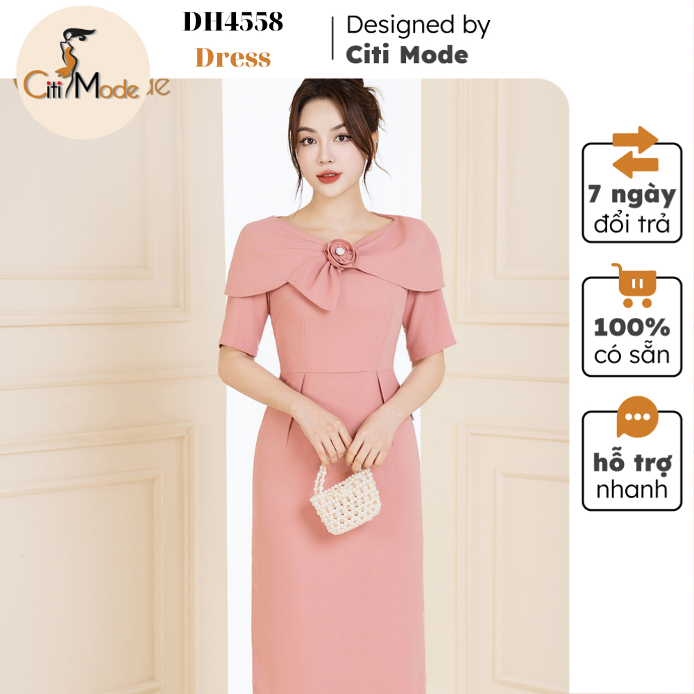 Đầm công sở CITI MODE FASHION thiết kế dáng ôm hồng chờm vai cổ đính hoa DH4558