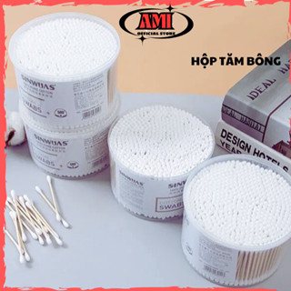 Hộp 500 que tăm bông ngoáy tai thân gỗ 2 đầu tròn xoắn thân thiện với môi trường, tăm bông ngoáy tai tiệt trùng AMI