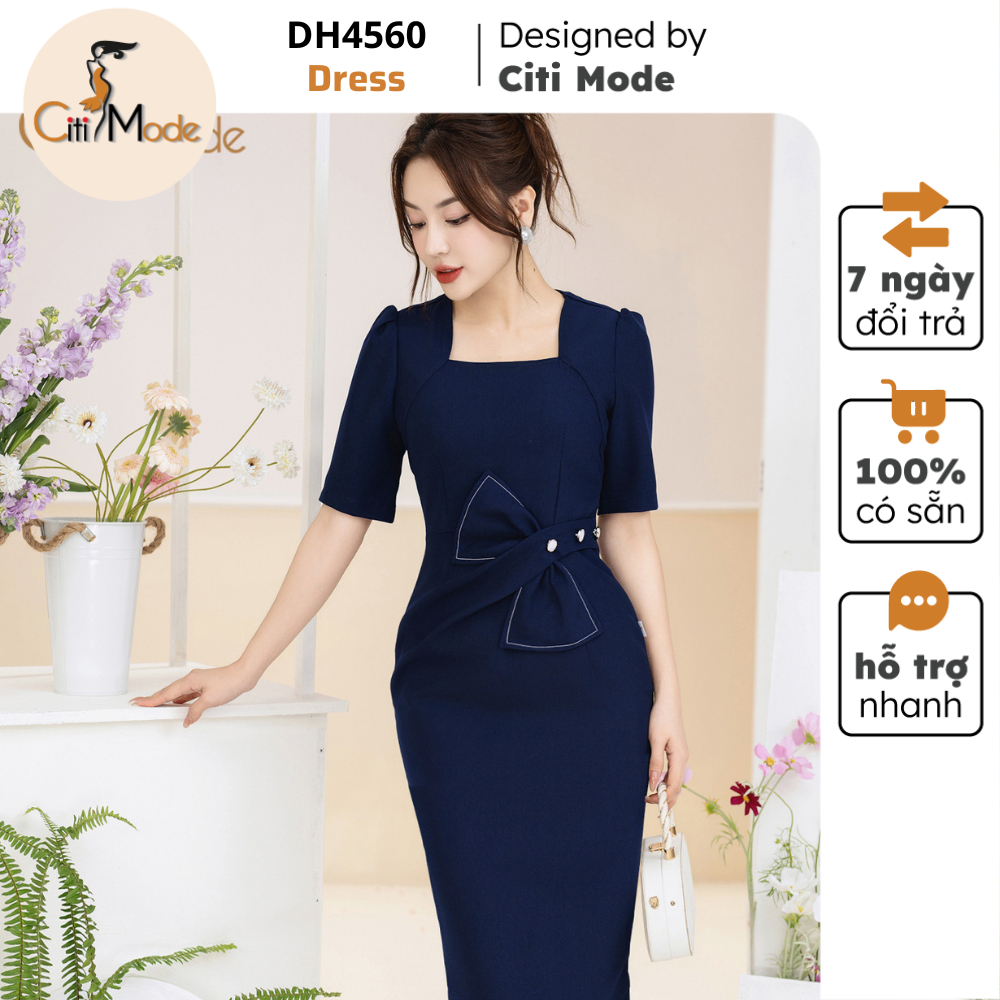 Đầm công sở CITI MODE FASHION thiết kế dáng ôm xanh cổ vuông phối nơ eo DH4560