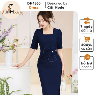 Đầm công sở CITI MODE FASHION thiết kế dáng ôm xanh cổ vuông phối nơ eo DH4560