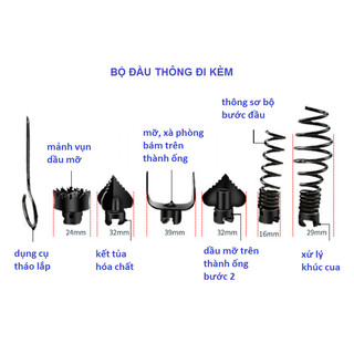 Bộ dây lò xo thông cống 5m phi 16 mm (lò xo LOẠI 1) + 8 phụ kiện