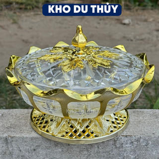 Hộp mứt tết 5 ngăn nhựa acrylic trong suốt, thiết kế họa tiết vương miệng lấp lánh màu vàng, hồng- HỘP MỨT NỮ HOÀNG XI