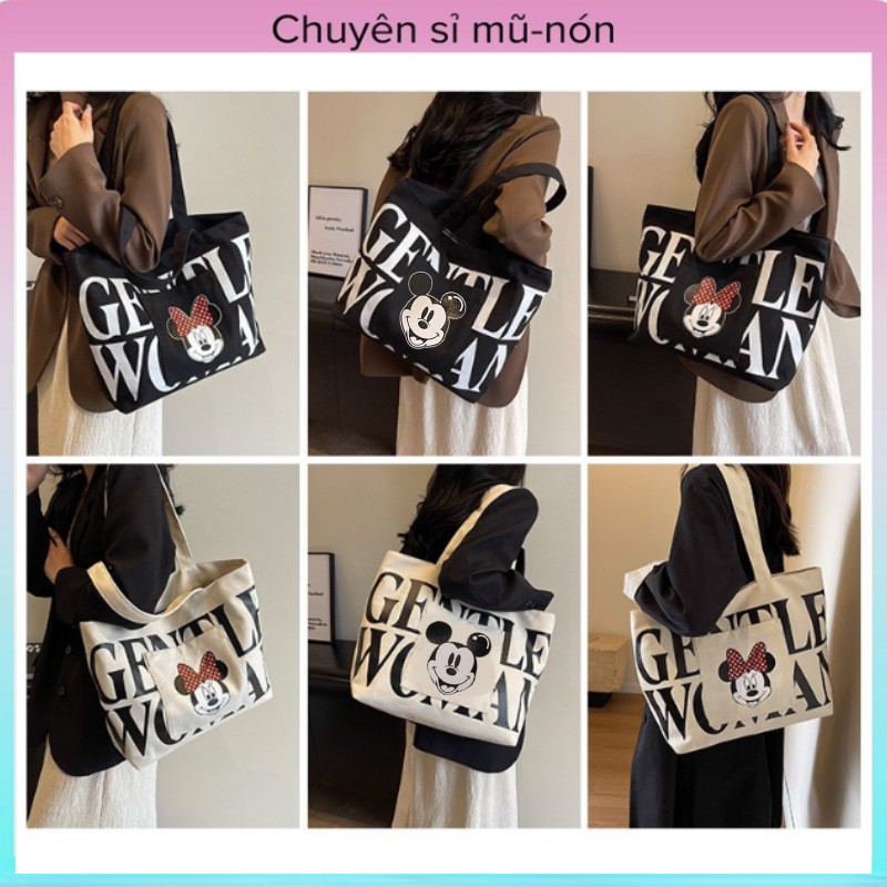 Túi tote túi vải canvas hoạ tiết micky có khóa miệng đựng vừa laptop 15inch