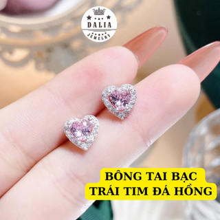 Bông tai bạc nữ trái tim đá hồng DaLiA Jewelry khuyên tai nạm đá trái tim