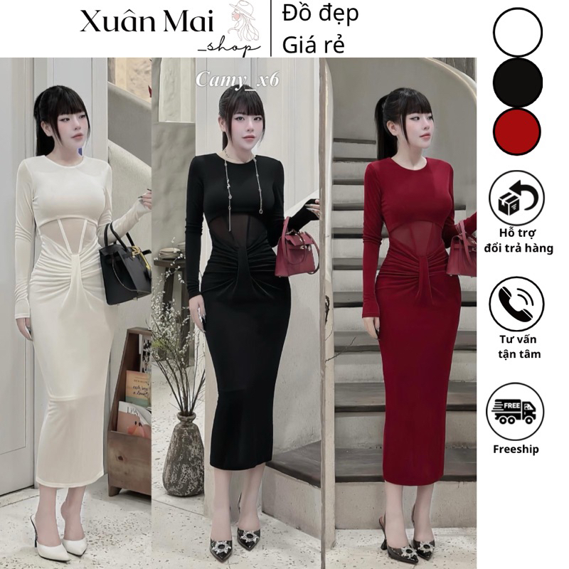 Đầm ôm body thiết kế loại 1 hở lưng cột dây xếp ly ngực sẵn mút chất tuyết mưa phối thun co giãn