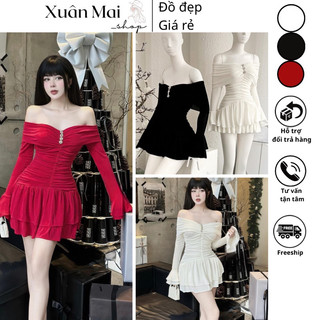 Đầm xoè nữ trễ vai tay dài loe đính đá ngực nhúng thân nhiều tầng form siêu ngắn ba màu đen đỏ trắng mặc Noel Tết