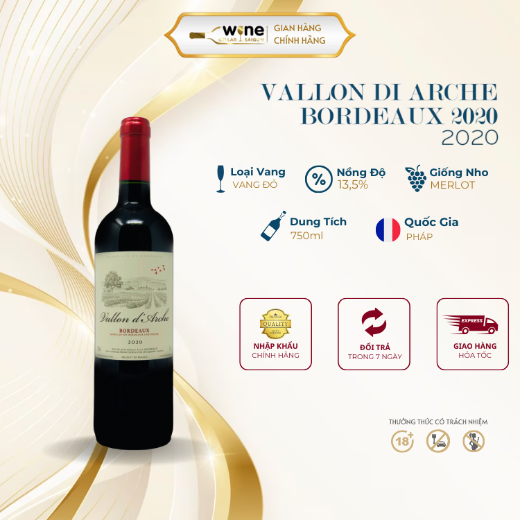 Rượu vang đỏ Pháp Vallon D' Arche Vins De Bordeaux 2020 chính hãng nhập khẩu 750ml nồng độ cồn 13,5% Rượu Vang Sài Gòn