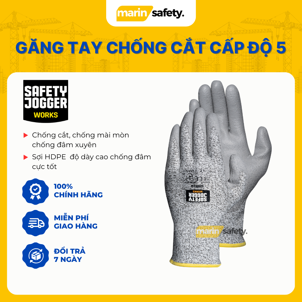 Găng tay bảo hộ chính hãng Safety Jogger Shield, găng tay chống cắt cấp độ 5 chất liệu HPPE độ dày cao màu xám