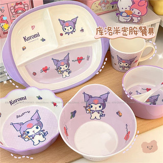 Bộ ăn dặm chén tô ly đĩa muỗng nĩa nhựa melamine hình Kuromi cho bé gái trẻ em
