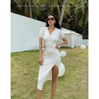 Đầm len cổ đức xẻ đùi, dáng dài qua gối, vải co giãn thoải mái, mặc đi chơi, đi tiệc | TQV13