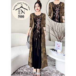 Đầm dạ hội trung niên chất nhũ kim sa phối nhung co giãn tốt, đính đá cao cấp cho mẹ dự tiệc sang trọng bigsize M500