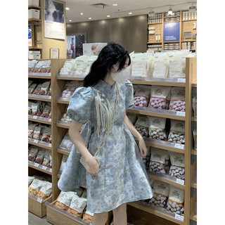 Hion Store - Đầm BBD gấm hoa xanh