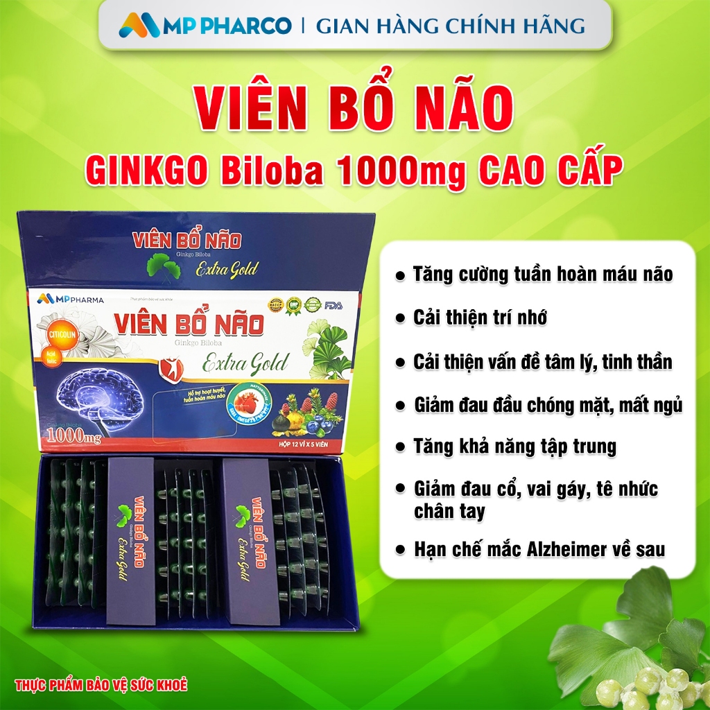 Viên uống bổ não GINKGO Biloba 1000mg CAO CẤP MP Pharma - giúp tăng cường trí nhớ, tăng tuần hoàn máu não, ngừa tai biến