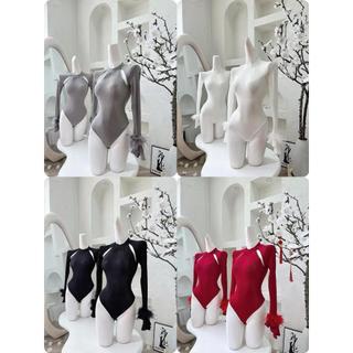  Áo BodySUIT Thun Nhũ Lụa Túi Zíp Tay Siêu Dài Phối Lông Vũ Siêu Mềm - women 