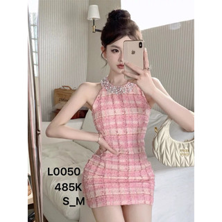 ( hàng có sẵn ) Đầm nữ màu Hồng cổ yếm đính Ngọc trai L0050( hàng Quảng Châu)