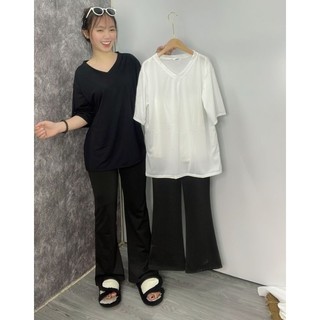Sét bộ nữ quần ống loe + mix áo phông rộng cổ tim trơn