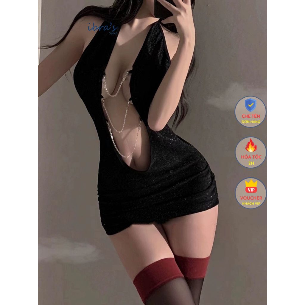 Váy Ngủ Thiết Kế Hở Lưng Sexy iBra's Store, Váy Body Đi Bar Vải Kim Tuyến Gợi Cảm Đan Dây Trước Ngực Quyến Rũ V1