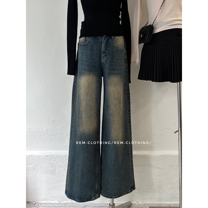 (ẢNH THẬT) Quần jean ống rộng wax xanh rêu REM.Clothing